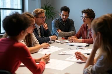 Group of people participating in an intensive workshop, discussing around a table